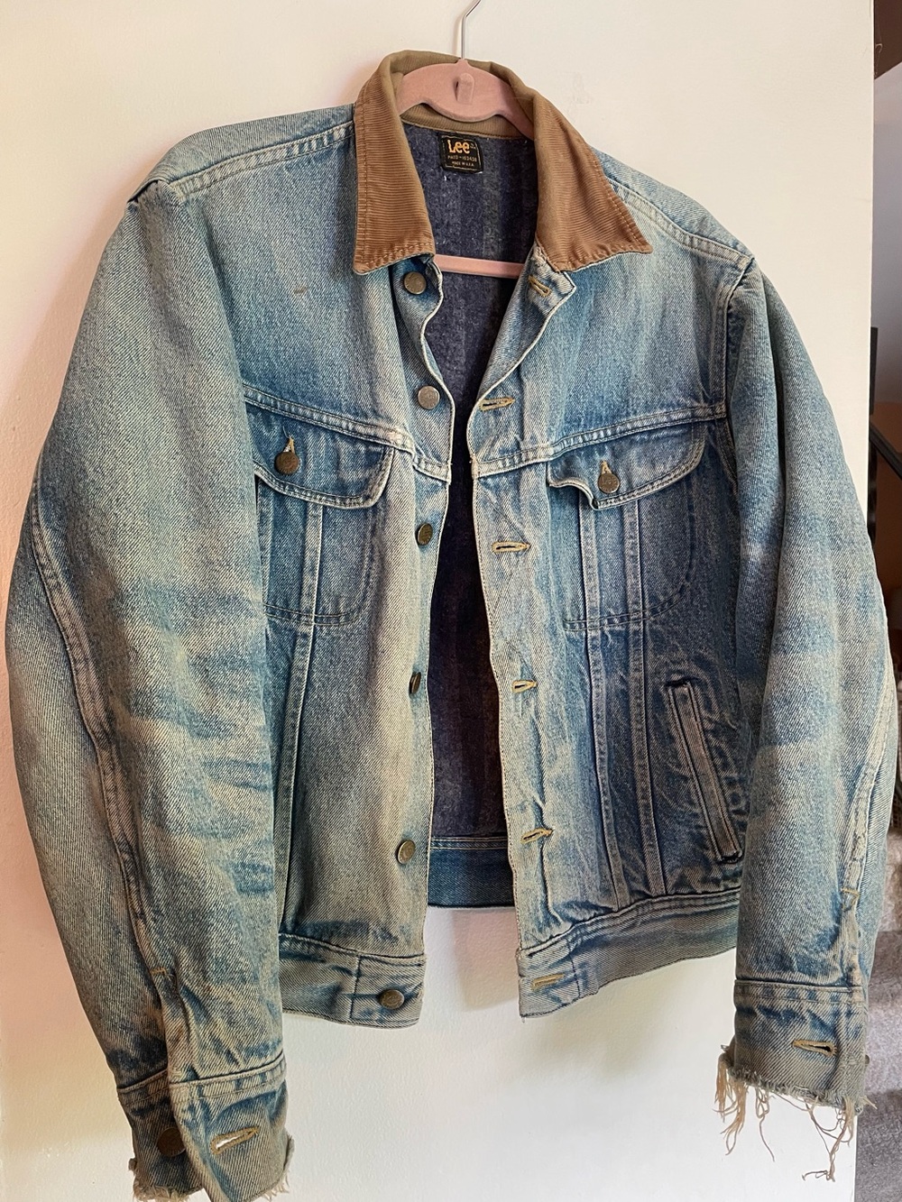 Vintage 80s Lee Storm Rider Denim Jacket Blanket Lined Thrashed USA Made L